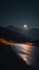 Melancholic night scenery with a solitary street lamp illuminating a wet road in a serene mountainous landscape