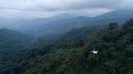 Naklejka premium Drone flying over green forest for environmental monitoring
