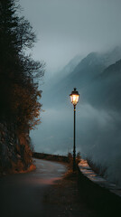 Misty evening stroll along a winding path illuminated by a vintage streetlamp near a mountain landscape