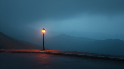 Solitary street lamp illuminates a misty mountain landscape at dusk creating a serene and contemplative atmosphere