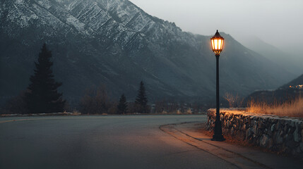 Quiet evening walk beside a mountain road with a glowing lamp illuminating the path in a serene landscape during twilight