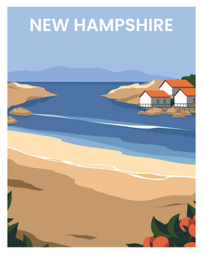 Beautiful travel poster with water house and rocks vector illustration. Poster Travel for room decor, card, postcard, print.