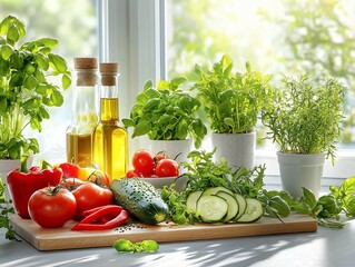 Sunlit kitchen herbs and vibrant fresh vegetables for culinary creations
