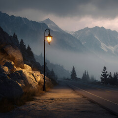 Mysterious mountain road illuminated by a vintage lamppost under a dramatic sky with looming clouds and mist, inviting contemplation and adventure