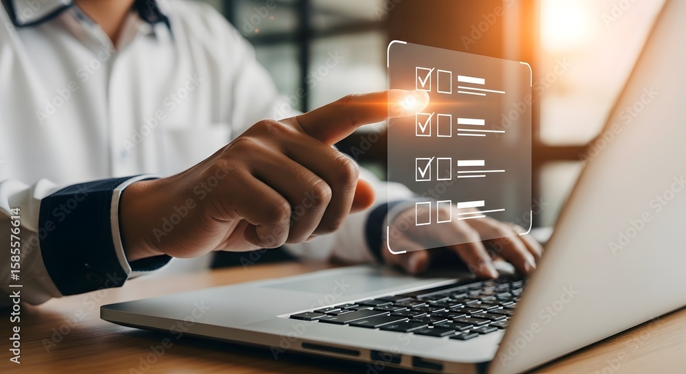 Aufkleber online survey checklist form on laptop for digital business data analysis and management task