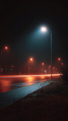 Nighttime urban landscape with illuminated streetlights and moving vehicle streaks in a rainy environment