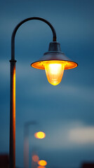 Soft glow of a vintage street lamp illuminating a serene evening scene in an urban setting near sunset