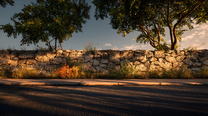 Golden hour casts soft shadows on the ancient stone wall and roadside vegetation near a tranquil pathway lined with trees during sunset