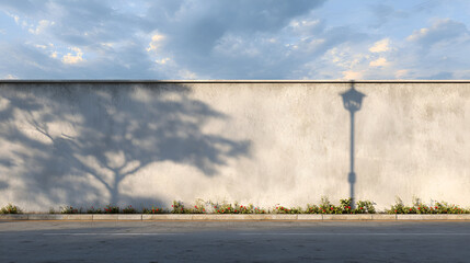 Urban tranquility captured with a shadow play against a textured wall adorned by flowers under a cloudy sky
