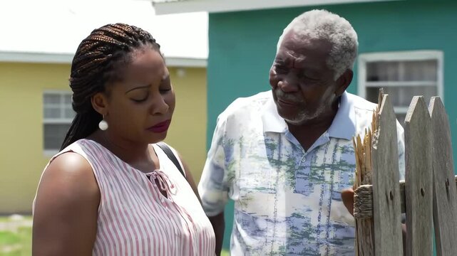 Elderly Black father gives advice to his adult daughter outdoors by a wooden fence in a neighborhood