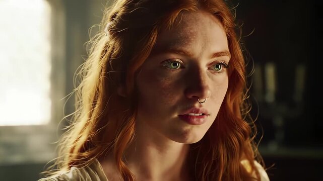 Cinematic close up portrait of a beautiful thoughtful woman with red hair green eyes and freckles