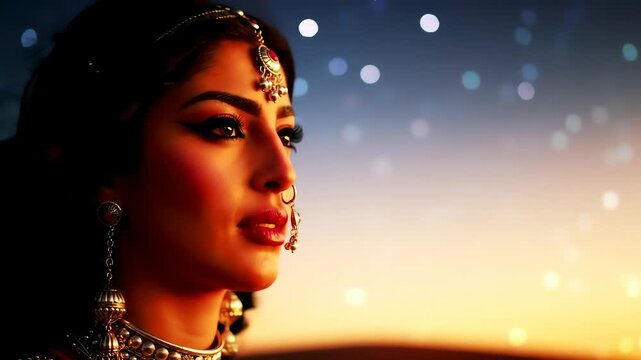 Serene Indian woman with elegant makeup and traditional jewelry gazes at a dreamy sunset sky