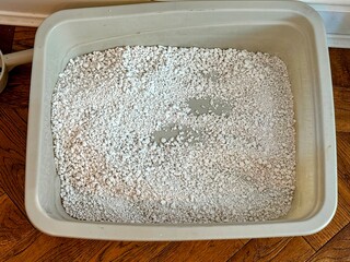 Beige cat litter tray with scuffed litter