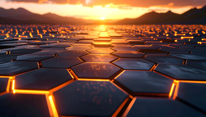 Hexagonal Grid Pattern at Sunset: Dark Metallic Texture