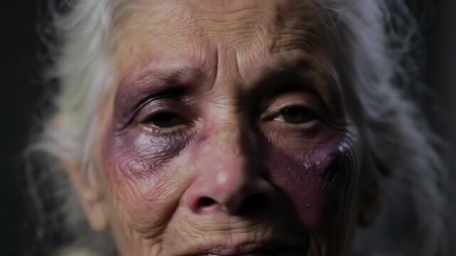 A dramatic close up of an injured elderly woman with a battered and bruised face looking sadly at the camera.