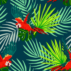Seamless tropical pattern with flying parrots and jungle leaves on a dark background. Bright and exotic design for summer fabric, wallpapers, and vacation-themed products.