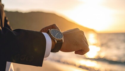 Businessman Checking Time On Beach At Sunset