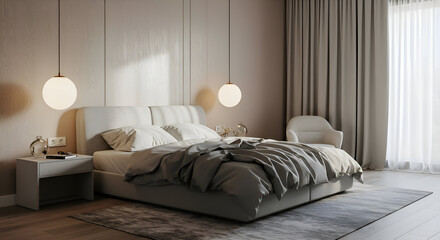 Modern bedroom interior with neutral tones and minimalist design. A comfortable bed with soft grey bedding, with subtle lighting and large window view.