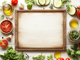 Wooden board surrounded by fresh vegetables and herbs perfect for culinary creations