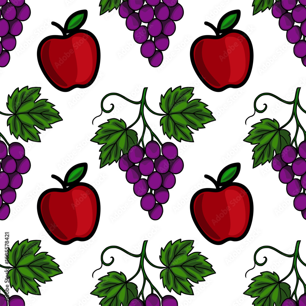 Poster seamless vector pattern featuring stylized red apples and bunches of purple grapes with green leaves