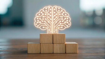 Abstract digital brain made of glowing circuits over wooden blocks — AI-driven business intelligence
