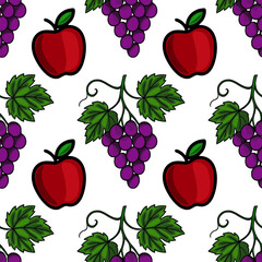 Seamless vector pattern featuring stylized red apples and bunches of purple grapes with green leaves, creating a vibrant and cheerful fruity design ideal for various applications.