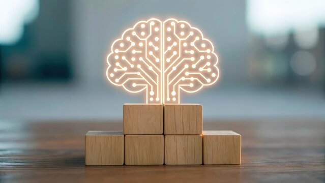 Abstract digital brain made of glowing circuits over wooden blocks — AI-driven business intelligence
