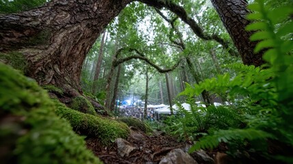 Misty forest pathway leads to vibrant festival in serene woodland setting