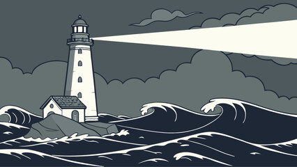 Lighthouse illustration stormy sea ocean waves beacon light house nautical safety guidance coast guard  100
