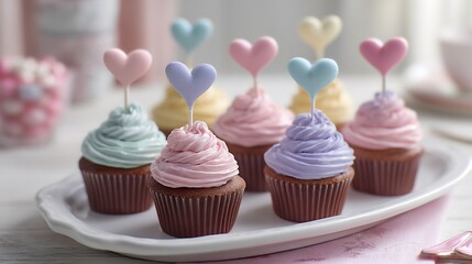 Delightful cupcakes decorated with pastel frosting and heart toppers perfect for valentine's day