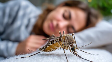 Mosquito buzzing near a peacefully sleeping woman in a cozy bedroom