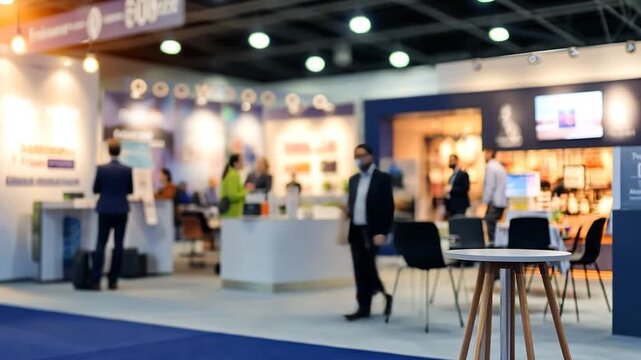 Blurred exhibition hall scene with various booths and people