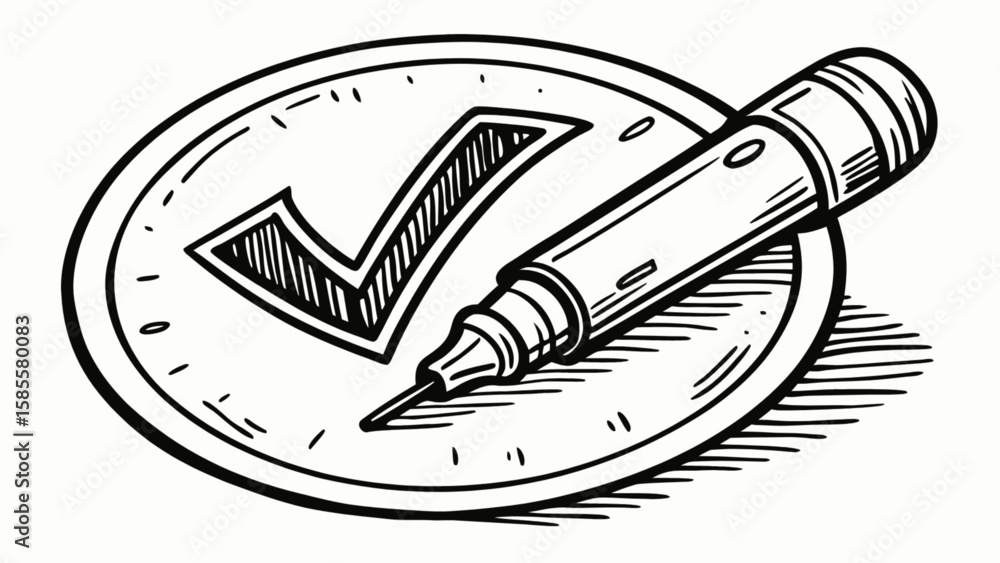 Poster check mark approved on clock with pen showing time management and task completion in black and white
