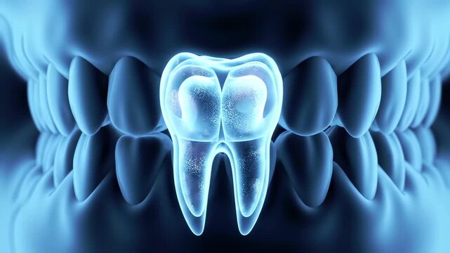 Medical animation of a glowing molar tooth showing dental anatomy in a futuristic blue xray scan