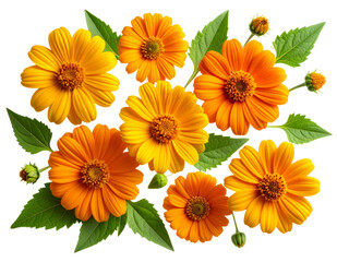 Obraz premium Flat Lay of Tithonia Flowers, Buds, and Leaves in Loose Tropical Arrangement,