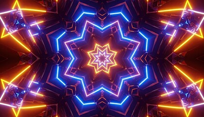Abstract kaleidoscope pattern with vibrant neon light