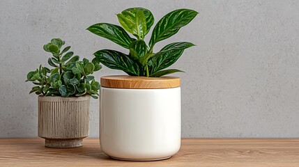 Stunning Ceramic Jar with Wood Lid and Plant on White Table  
