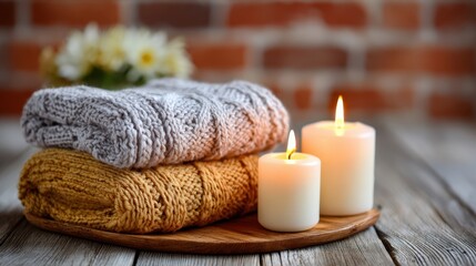 Cozy evening with warm blankets and flickering candles in a rustic setting