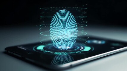 Futuristic fingerprint scanner projects a glowing 3D hologram from a digital tablet for biometric security. - Powered by Adobe