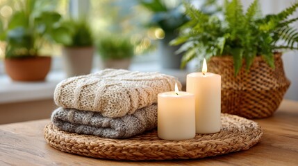 Soft textures and warm lights create a cozy, serene atmosphere indoors