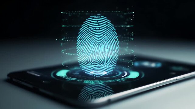 Futuristic fingerprint scanner projects a glowing 3D hologram from a digital tablet for biometric security. - Powered by Adobe
