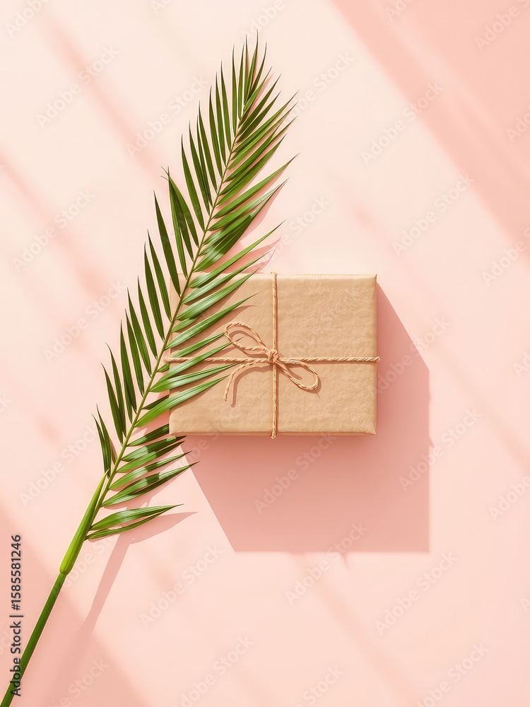 Poster wrapped present with simple brown paper and string beside green palm frond casting shadows on a soft