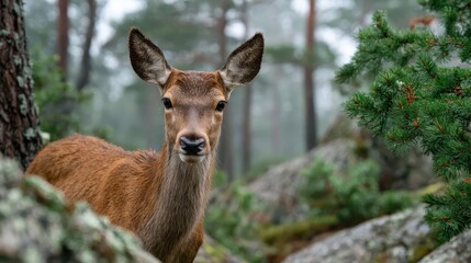 Obraz premium Curious deer observing its surroundings in a misty forest