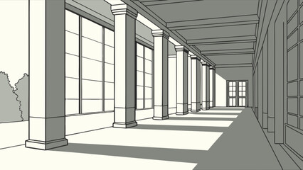 Fototapeta premium Architectural colonnade perspective drawing with columns and windows in black and white illustration
