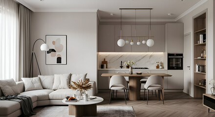 A neutral, minimalist, and open-concept apartment design with modern style, featuring light-colored furniture and an airy feel, perfect for real estate or design ads.