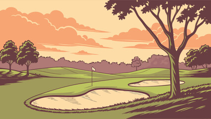 Golf course landscape vector illustration featuring trees, sand traps, and a beautiful sky at sunset