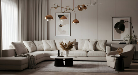 Modern living room interior with neutral color palette featuring a sectional sofa, coffee table, and armchairs. Stylish lighting fixtures and abstract art pieces add to the aesthetic.