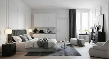 Modern minimalist bedroom showcasing neutral tones and comfortable furnishings. Stylish bedroom setup with a sophisticated aesthetic.
