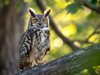Obraz premium Great Horned Owl perched on a tree branch bird wildlife