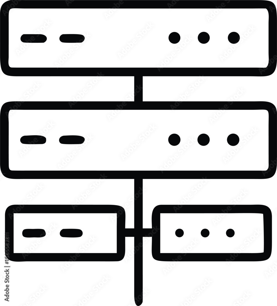 Poster isolated line drawing of computer network rack server with data indicators on boxes